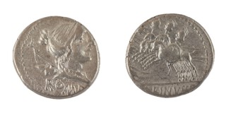 Roman Republic, A. Postumius Albinus, 96 BC, silver Denarius, 18mm, Obv: Diademed and draped bust of Diana, bow and quiver over shoulder / Rev: Three cavalrymen galloping left, fallen warrior in their path. S.218, VF. 