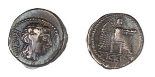 Roman Republic, M. Porcius Cato, 89 BC, silver Quinarios, 14mm, Obv: Bust of Bacchus/Liber facing right / Rev: Victory seated right holding patera. S.248, F. 
