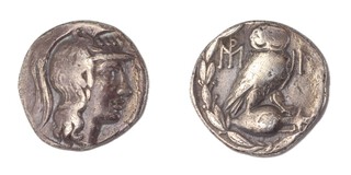 Roman Republic, Athens, Sulla, 86-84 BC, silver Tetradrachm, 27mm, Obv: Head of Athena right, wearing crested and ornamented helmet / Rev: Owl standing right, facing, on an overturned amphora. 