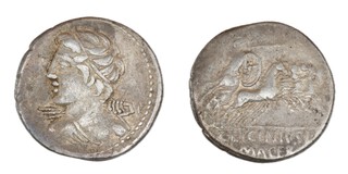 Roman Republic, Licinius Macer, 84 BC, silver, Denarius, 21mm, Obv: Diademed bust of Apollo Vejovis brandishing thunderbolt / Rev: Minerva in quadriga galloping right, holding spear and shield. S.274, F. 