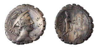 Roman Republic, C. Mamilius Limetanus, 82 BC, silver Denarius Serratus, 19mm, Obv: Bust of Mercury right, wearing winged helmet, caduceus over left shoulder / Rev: Figure walking right holding staff in left hand, right hand extending towards dog. S282, F. 