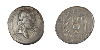 Roman Republic, Q. Caecilius Metellus Pius, 81 BC, silver, Denarius, 20mm, Obv: Diademed head of Pietus facing right, stork before / Rev: Jug and lituus, 'IMPER' in exergue, all within laurel wreath. S.302, F. 