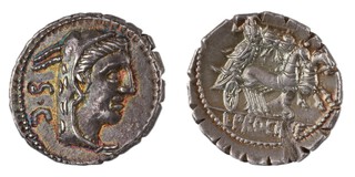 Roman Republic, L. Procilius, 80 BC, silver Denarius Serratus, 18mm, Obv: Head of Juno Sospita wearing goat's skin / Rev: Juno Sospita in biga brandishing spear and holding shield decorated with thunderbolt. S.306, VF. 