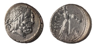 Roman Republic, L. Procilius, 80 BC, silver Denarius, 18mm, Obv: Laureate bust of Jupiter, 'S-C' behind head / Rev: Juno Sospita holding shield and spear, snake at her feet. S.306,VF.