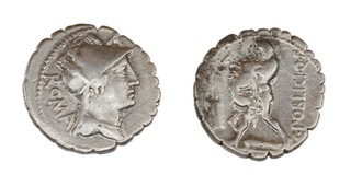 Roman Republic, C. Poblicius, 80 BC, silver Denarius Serratus, 19mm, Obv: Helmeted and draped bust of Roma / Rev: Hercules wrestling Nemean lion, bow and arrow to left. S.308, F. 