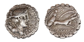 Roman Republic, Ti. Claudius Nero, 79 BC, silver Denarius Serratus, 17mm, Obv: Bust of Diana, right, with bow and quiver on shoulder / Rev: Victory in biga, right, holding wreath and palm. S.310, F.