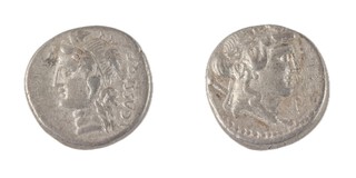 Roman Republic, G. Cassius Longinus (one of Caesar's assassins), 78 BC, silver Denarius, 17mm, Obv: Head of young Bacchus right, wearing ivy wreath, thyrsus over shoulder / Rev: Head of Libera wreathed with vine left. S.317, F. 