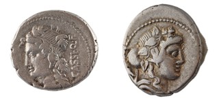 Roman Republic, G. Cassius Longinus (one of Caesar's assassins), 78 BC, silver Denarius, 18mm, Obv: Head of young Bacchus wreathed with ivy, right / Rev: Head of Libera wreathed with vine, facing left., S.317, F.