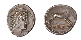 Roman Republic, M. Volteius, 78 BC, silver Denarius, 19mm, Obv: Head of young Hercules in lion skin / Rev: the Erymanthian boar running right. S.313, F. 