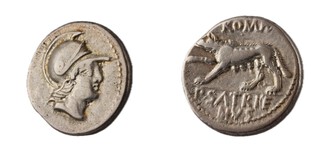 Roman Republic, P. Satrienus, 77 BC, silver Denarius, 18mm, Obv: Helmeted head of young Mars right / Rev: She-wolf prowling to left, 'ROMA' above. S.319, VF. 