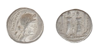 Roman Republic, C. Egnatius Maximus (moneyer), 75 BC, silver Denarius, 18mm, Obv: diademed head of Libertas, Pileas behind / Rev: Roma, foot on wolf's head, and Venus standing facing, accompanied by cupid. Rudder or prow on either side. S.326, F. 