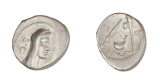 Roman Republic, P. Sulpicius Galba, 69 BC, silver Denarius, 20mm, Obv: Veiled head of Vesta right / Rev: Knife, simpulum and axe. S.345, F. 