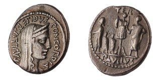 Roman Republic, Aemilius Lepidus Paullus, 62 BC, silver Denarius, 20mm, Obv: Veiled and diademed head of Concordia/ Rev: Three captives standing right, Paullus standing left touching trophy to left, S.366, F.