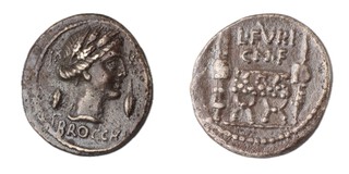 Roman Republic, L. Furius Brocchus, 63 BC, silver Denarius, 18mm, Obv: Draped bust of Ceres wreathed with corn, corn ear and barley corn either side / Rev: Curule chair between two fasces. S.365, VF. 