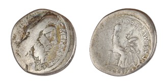 Roman Republic, C. Memmius (moneyer), 56 BC, silver Denarius, 18mm, Obv: Laureate bust of Quirinius / Rev: Ceres seated, right, holding corn ears and torch, snake at her feet. S.387, F. 