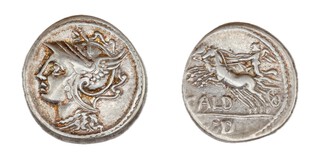 Roman Republic, Coelius Caldus, 51 BC, silver Denarius, 19mm, Obv: Helmeted head of Rome, left / Rev: Victory in Biga. S.196, VF. 