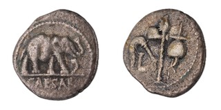 Roman Republic, Julius Caesar, travelling mint, 49 BC, silver Denarius, 18mm, Obv: Elephant advancing right trampling serpent / Rev: Emblems of pontificate. S.1399, F. 