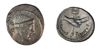 Roman Republic, D. Junius Brutus Albinus (one of Caesar's assassins), 48 BC, silver Denarius, 18mm, Obv: Diademed head of Pietus facing right / Rev: 2 clasped hands holding a winged caduceus. S.427, VF. 