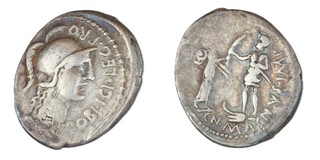 Roman Republic, Gnaeus Pompeius (Junior), Corduba 46-45 BC, silver Denarius, 21mm, Obv: Helmeted head of Roma, right / Rev: Hispania, standing right, presenting palm-branch to Pompeian soldier on galley prow. S.1384, F. 