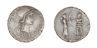 Roman Republic, Gnaeus Pompeius (Junior), Corduba 46-45 BC, silver Denarius, 18mm, Obv: Helmeted head of Roma, right / Rev: Hispania, standing right, presenting palm-branch to Pompeian soldier on galley prow. S.1384, F. 