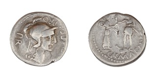 Roman Republic, Pompey Junior, in honour of Pompey the Great, Spain, M. Poblicius, 46-45 BC, silver Denarius, 19mm, Obv: Helmeted head of Roma right / Rev: Hispania, standing right, presenting palm frond to Pompeian soldier on galley prow. S.1384, F. 