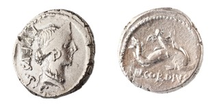 Roman Republic, Mn. Cordius Rufus, 46 BC, silver Denarius, 18mm, Obv: 'RVFVS S.C.' Behind diademed head of Venus right / Rev: Cupid on dolphin right. S.442, F. 