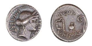 Roman Republic, Julius Caesar, 46 BC, silver Denarius, 17mm, Obv: Head of Ceres, wreathed with corn / Rev: Simpulum, jug and lituus. S.1403, VF. 