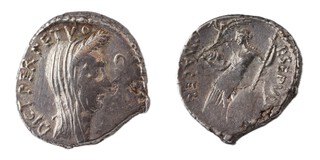 Roman Republic, Julius Caesar, 44 BC, silver Denarius, 17mm, Obv: Veiled laureate bust of Julius Caesar, right / Rev: Venus, standing left, holding Victory and sceptre, shield to right of her feet. S.1414, F.