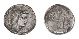 Roman Republic, Julius Caesar, 44 BC, silver Denarius, 17mm, Obv: Veiled laureate head of Julius Caesar, right / Rev: Venus, standing left, holding Victory and leaning on shield. S.1415, F. 