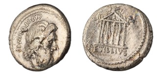 Roman Republic, Petillius Capitolinus, 43 BC, silver Denarius, 17mm, Obv: Head of Jupiter, right, Capitolinus behind / Rev: Capitoline temple of Jupiter Optimus Maximus. S.485, F. 