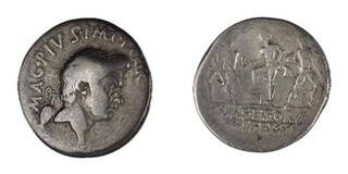 Roman Republic, Sextus Pompey (younger son of Pompey the Great), 42 BC, silver Denarius, 18mm, Obv, Bare head of Pompey, facing right, jug behind head/ Rev, Neptune between the Catanaean brothers. S.1392, VG. 