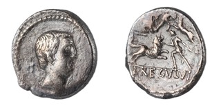 Roman Republic, L. Livineius Regulus, 42 BC, silver Denarius, 17mm, Obv: Bare head of the praetor L. Livineius Regulus / Rev: Scene of combat between gladiators and wild beast. S.489, VF. 