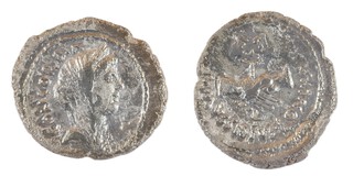 Roman Republic, L. Mussidius Longus, 42 BC, silver Denarius, 20mm, Obv: Veiled and diademed head of Concordia / Rev: Clasped hands holding caduceus. S.493, F. 