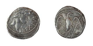 Mauritania, Juba II, 25 BC to 23 AD, silver Denarius, 17mm, Obv: Diademed head of Juba / Rev: Eagles standing right holding arrows in talons, sceptre to right. 	