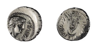 Mauritania, Juba II and Cleopatra Selene (Daughter of Mark Antony and Cleopatra VII), 25-24 BC, silver Denarius, 17mm, Obv: Diademed head of Juba II / Rev: Headdress of Isis covered by grain ears, set on crescent. 