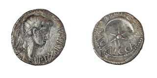 Mauritania, Juba II and Cleopatra Selene (Daughter of Mark Antony and Cleopatra VII), 25 BC to 23 AD, silver Denarius, 17mm, Obv: Diademed head of Juba II / Rev: Crescent with star above. 