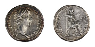 Roman Empire, Tiberius, 14-37 AD, silver Denarius, 18mm, Obv: Laureate bust of Tiberius / Rev: Livia, seated right, holding olive branch and sceptre. S.1763, VF. 	