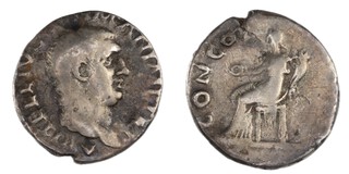 Roman Empire, Vitellius, 69 AD, silver Denarius, 17mm, Obv: Bareheaded bust of Vitellius, right / Rev: Concordia, seated left, holding patera and cornucopiae. S.2196, F. 