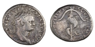 Roman Empire, Titus, 79-81 AD, silver Denarius, 17mm, Obv: Laureate bust of Titus / Rev: Dolphin entwined around an anchor. S.2517, F. 