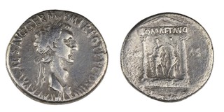 Roman Empire, Nerva, 96-98 AD, silver Cistophorus, 25mm, Obv: Laureate bust of Nerva, right / Rev: Distyle temple, with Nerva being crowned by female deity holding a cornucopia. S.3014, F. 