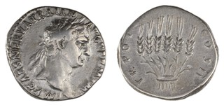 Roman Empire, Trajan, 98-117 AD, silver Cistophorus, 24mm, Obv: Laureate bust of Trajan, right / Rev: Six ears of corn tied together. S.3113, F. 