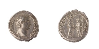 Roman Empire, Hadrian, 117-138 AD, silver Denarius, 17mm, Obv: Barehead bust right / Rev: Roma standing on right holding spear and clasping hands with Hadrian standing on left. S.3455, VF. 