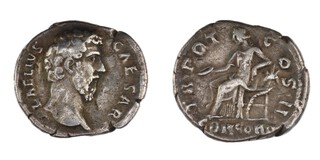 Roman Empire, Lucius Aelius, 136-138 AD, silver Denarius, 17mm, Obv: Bare head of Aelius right / Rev: Concordia seated holding patera, left arm resting on cornucopiae. S.3967, F. 