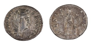 Roman Empire, Faustina the Elder (wife of Antonius Pius), c. 138-140, silver Denarius, 17mm, Obv: Veiled head, right / Rev: Pietas standing facing, altar at feet. S.4918, F. 