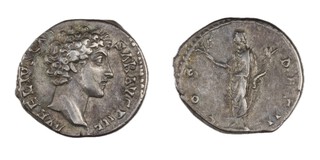 Roman Empire, Marcus Aurelius, 144 AD, silver Denarius, 18mm, Obv: Bareheaded bust of Marcus Aurelius right / Rev: Honos, togate, standing left, holding up branch in right hand and cornocopiae in left. S.4829, VF. 	