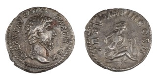 Roman Empire, Lucius Verus, 161-169 AD, silver Denarius, 18mm, Obv: Laureate bust of Lucius Verus / Rev: Parthian captive seated right arms tied behind back amid pile of arms. S.5358, VF. 