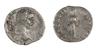 Roman Empire, Septimus Severus, 193-217 AD, silver Denarius, 19mm, Obv: Laureate bust, right / Rev: Minerva standing left, wearing helmet, holding shield and transverse spear at left shoulder. S.6313, F. 