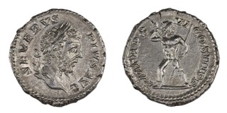 Roman Empire, Septimius Severus, 193-211 AD, silver Denarius, 18mm, Obv: Laureate, bearded head of Septimius, right / Rev: Jupiter, naked, holding sceptre and thunderbolt. 