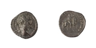 Roman Empire, Septimius Severus, 193-211 AD, silver Denarius, 17mm, Obv: Laureate, bearded head of Septimius, right / Rev: Severus on horseback right, raising right hand. S.6257, F. 	