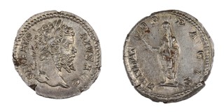 Roman Empire, Septimus Severus, 193-211 AD, silver Denarius, 18mm, 3.49g. (From the hoard found at Holme, Lincolnshire.) Obv: Laureate, bearded head to right / Rev: Figure standing left holding palm branch. S.6270, VF. 